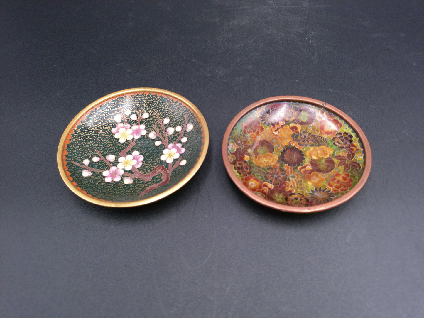 Asian Cloisonne Cherry Blossom Small Enamel Dish Display Plate and floral design lot of 2