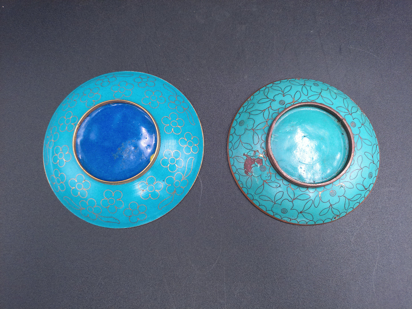Asian Cloisonne Cherry Blossom Small Enamel Dish Display Plate and floral design lot of 2