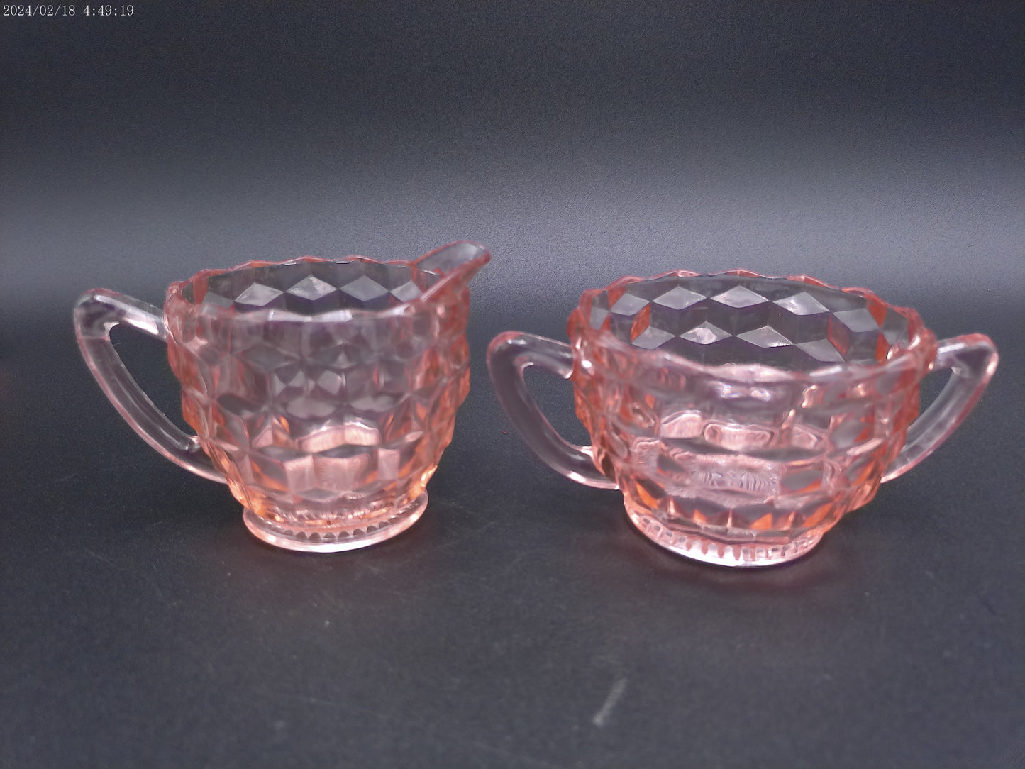 Jeannette pink 3pc glass set Windsor tray with cube creamer and sugar bowl