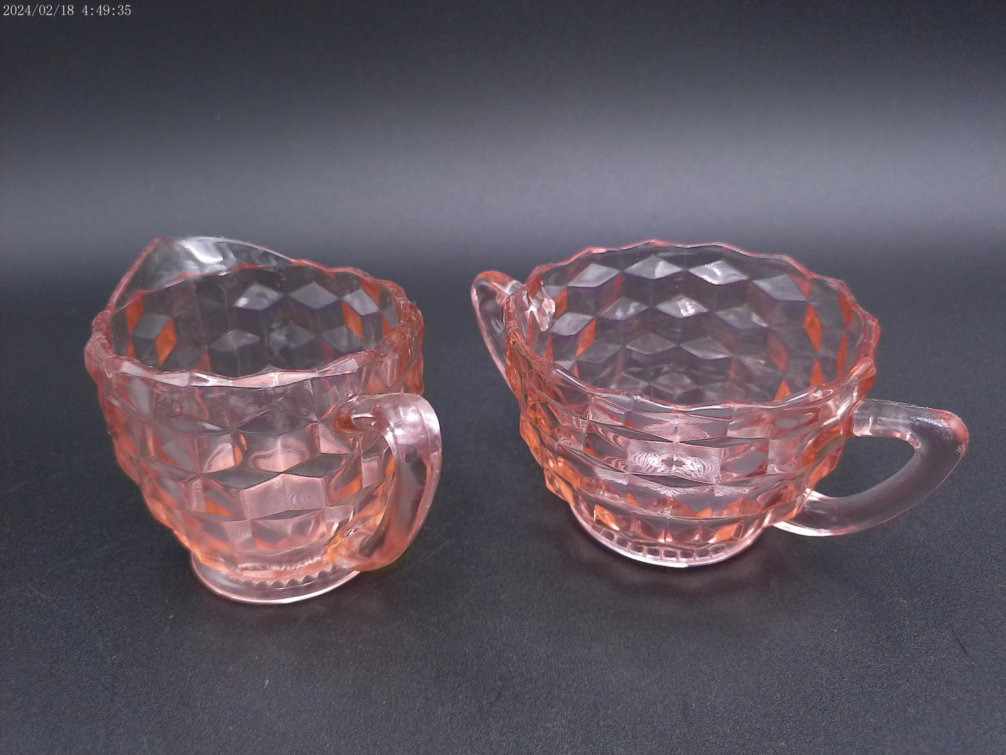 Jeannette pink 3pc glass set Windsor tray with cube creamer and sugar bowl