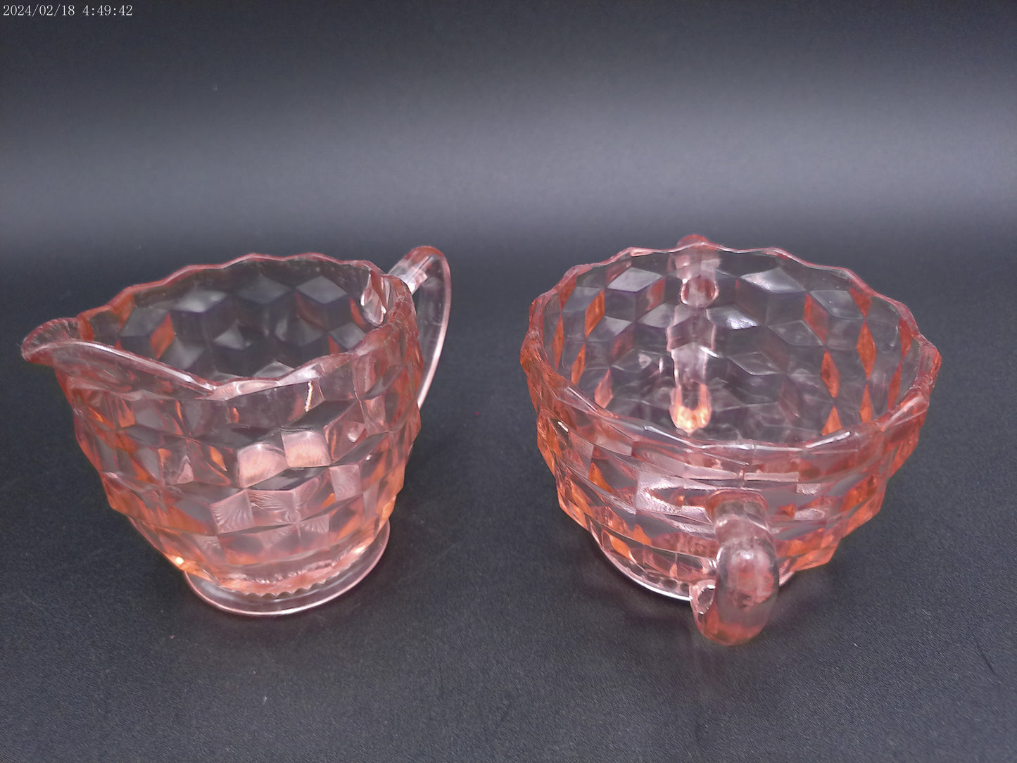 Jeannette pink 3pc glass set Windsor tray with cube creamer and sugar bowl