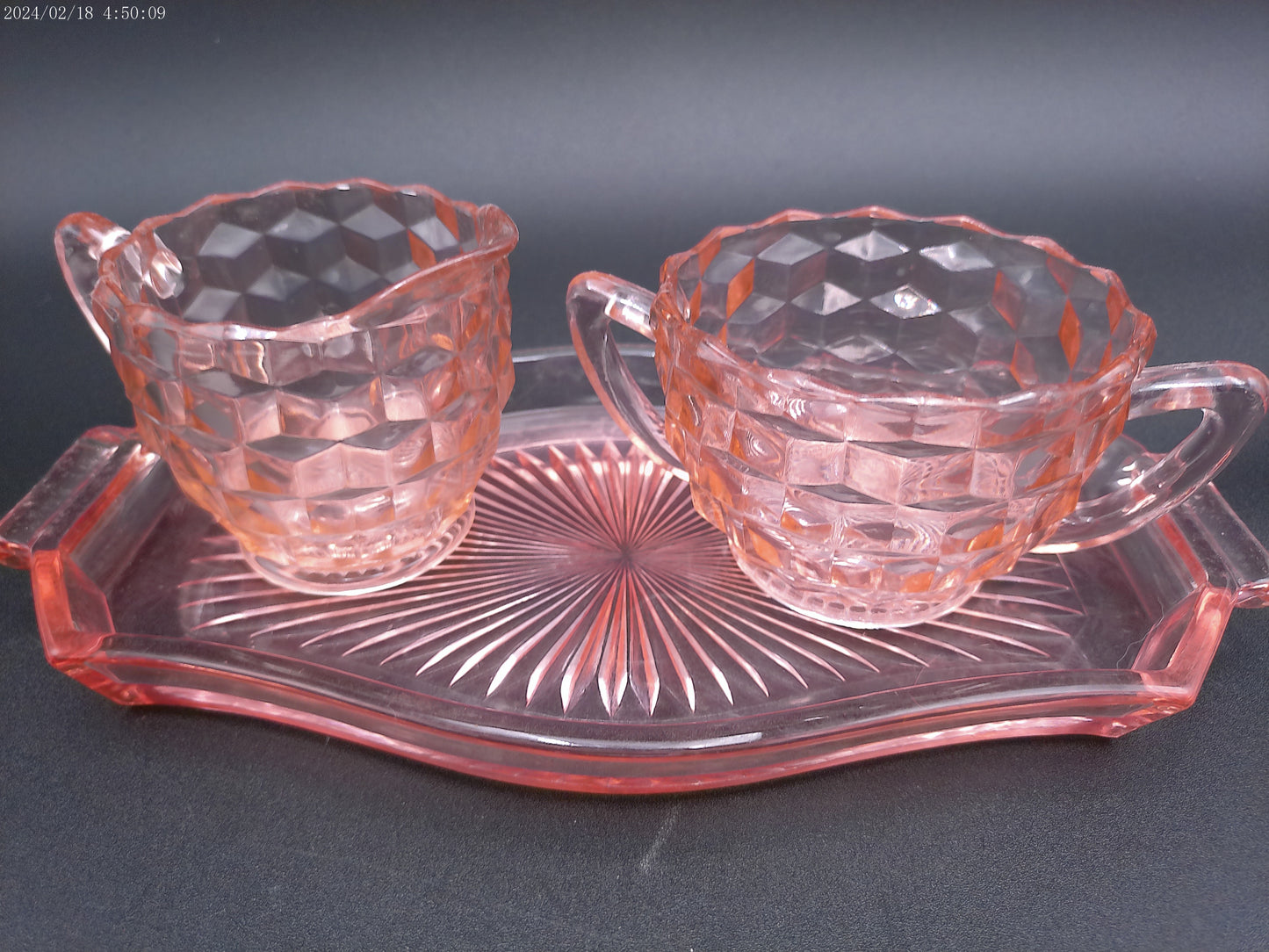 Jeannette pink 3pc glass set Windsor tray with cube creamer and sugar bowl