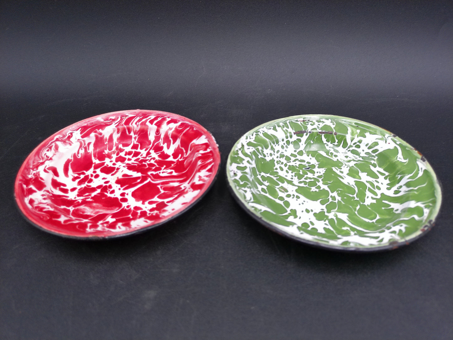 Pottery Plate Dish Green & White and Red & White Swirl Enamelware