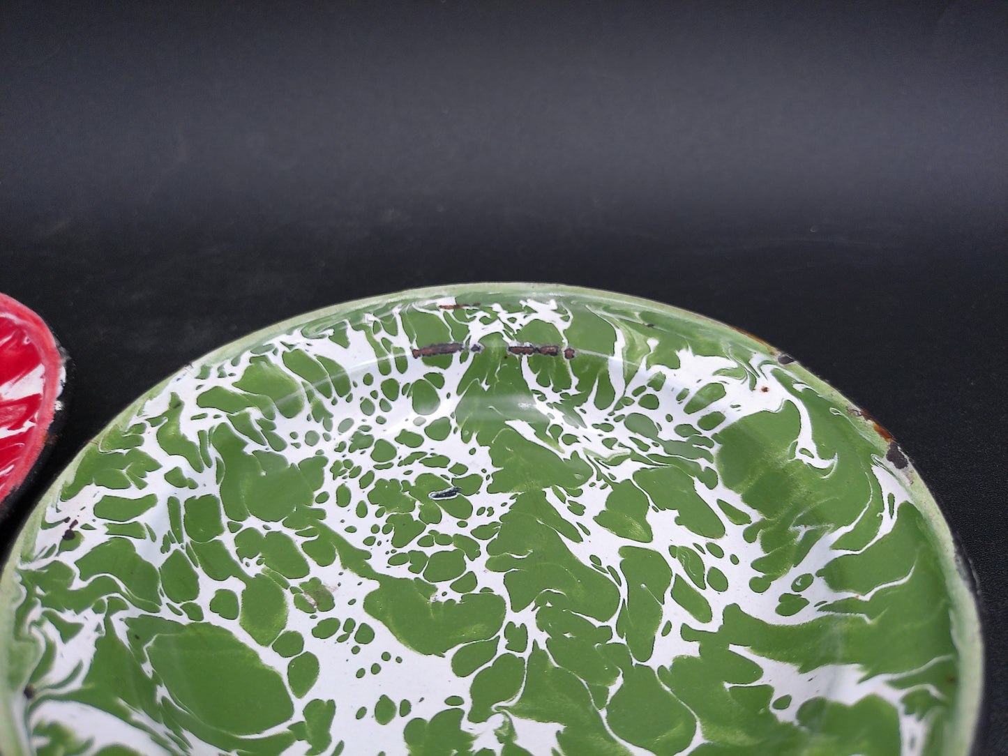 Pottery Plate Dish Green & White and Red & White Swirl Enamelware