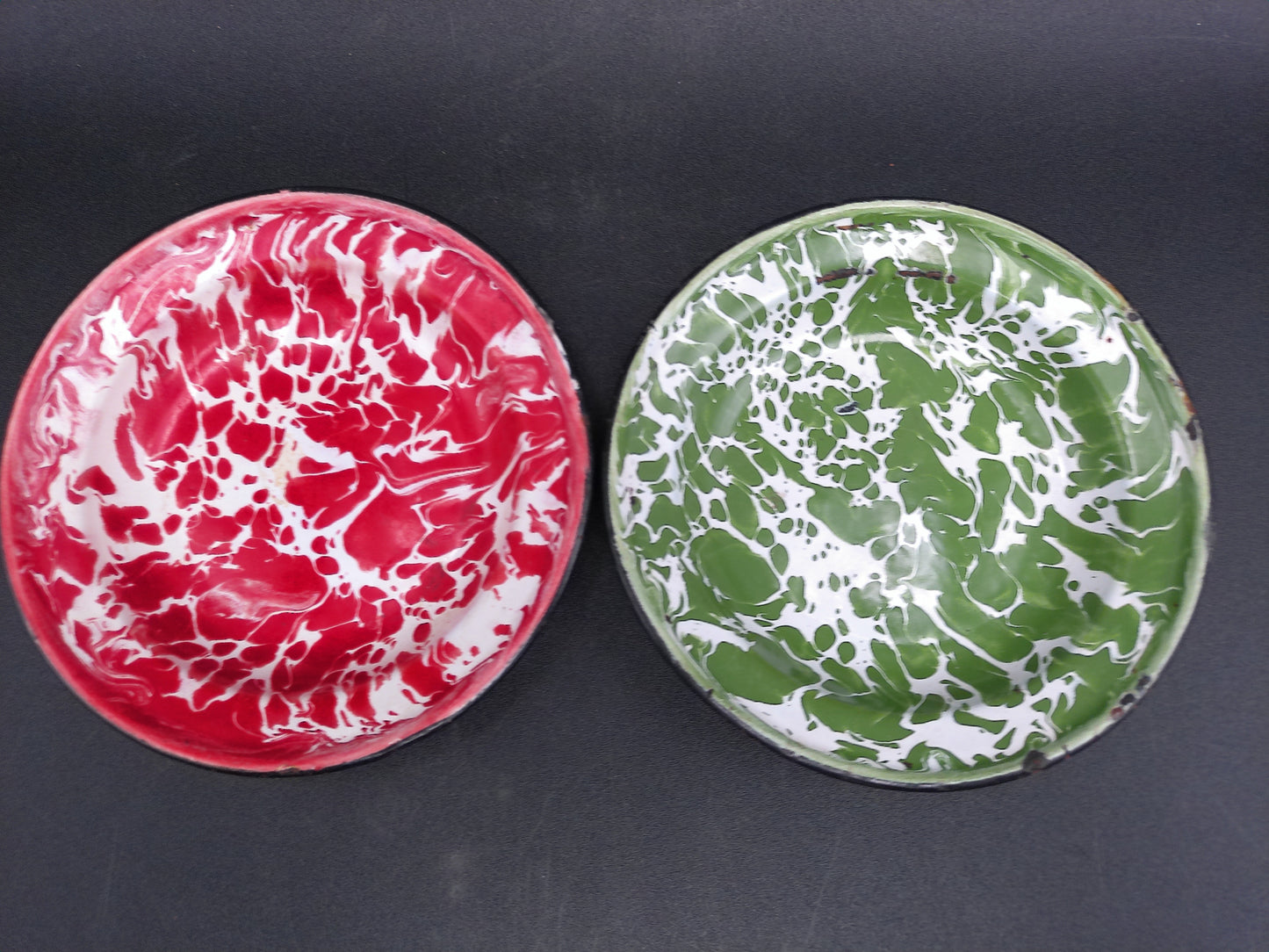 Pottery Plate Dish Green & White and Red & White Swirl Enamelware