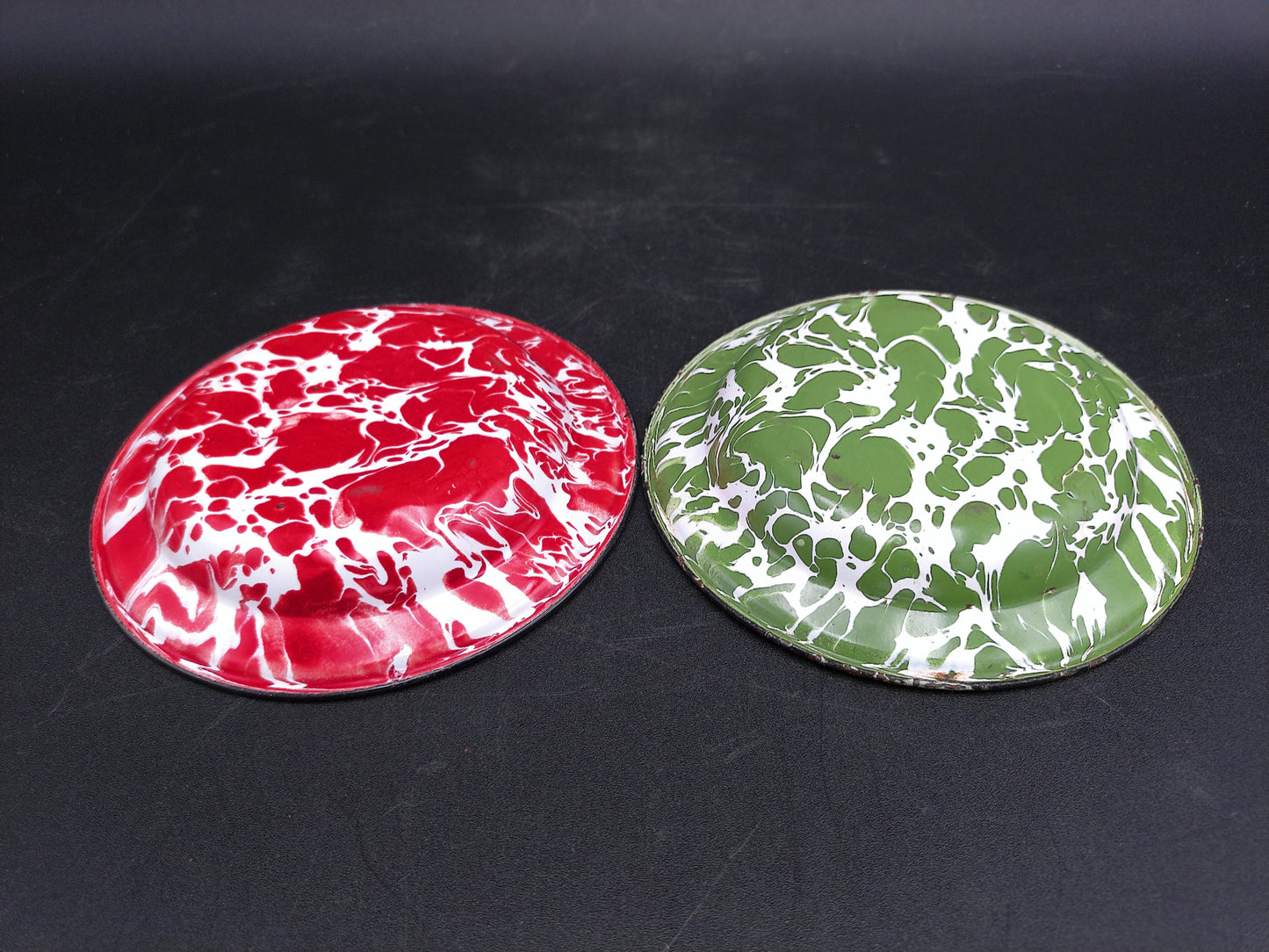 Pottery Plate Dish Green & White and Red & White Swirl Enamelware