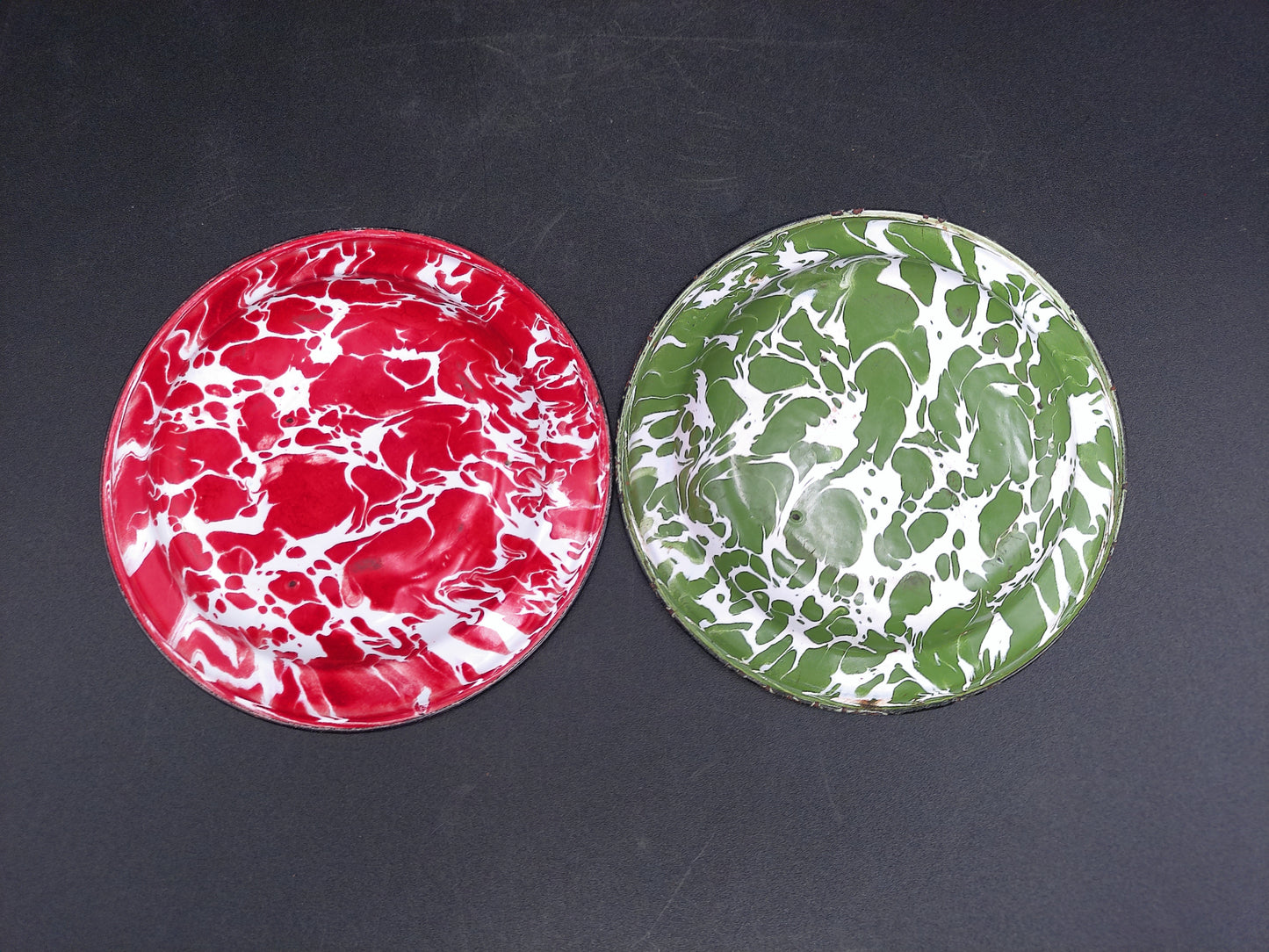 Pottery Plate Dish Green & White and Red & White Swirl Enamelware
