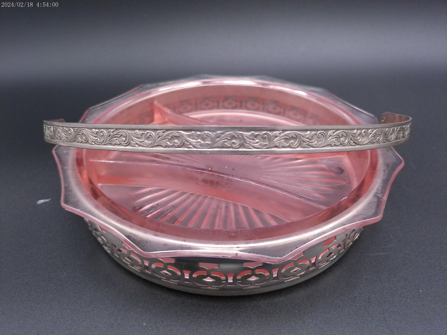 Vintage 1930s Pink Depression Glass Divided Relish Dish in Silver Plated Basket