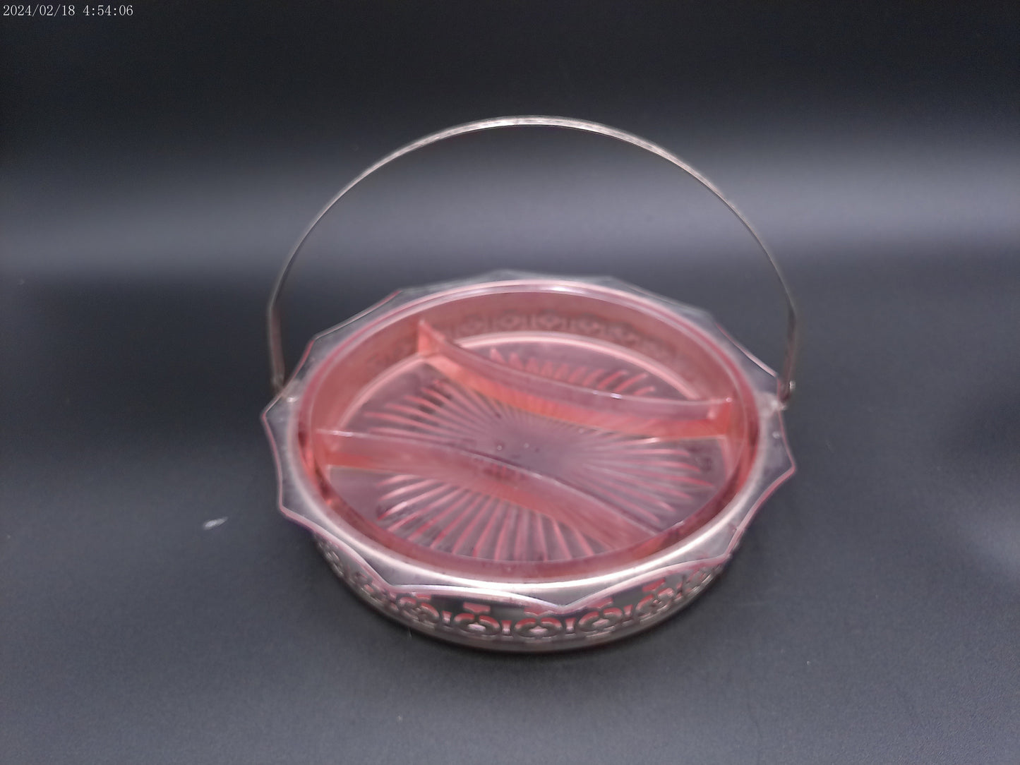 Vintage 1930s Pink Depression Glass Divided Relish Dish in Silver Plated Basket