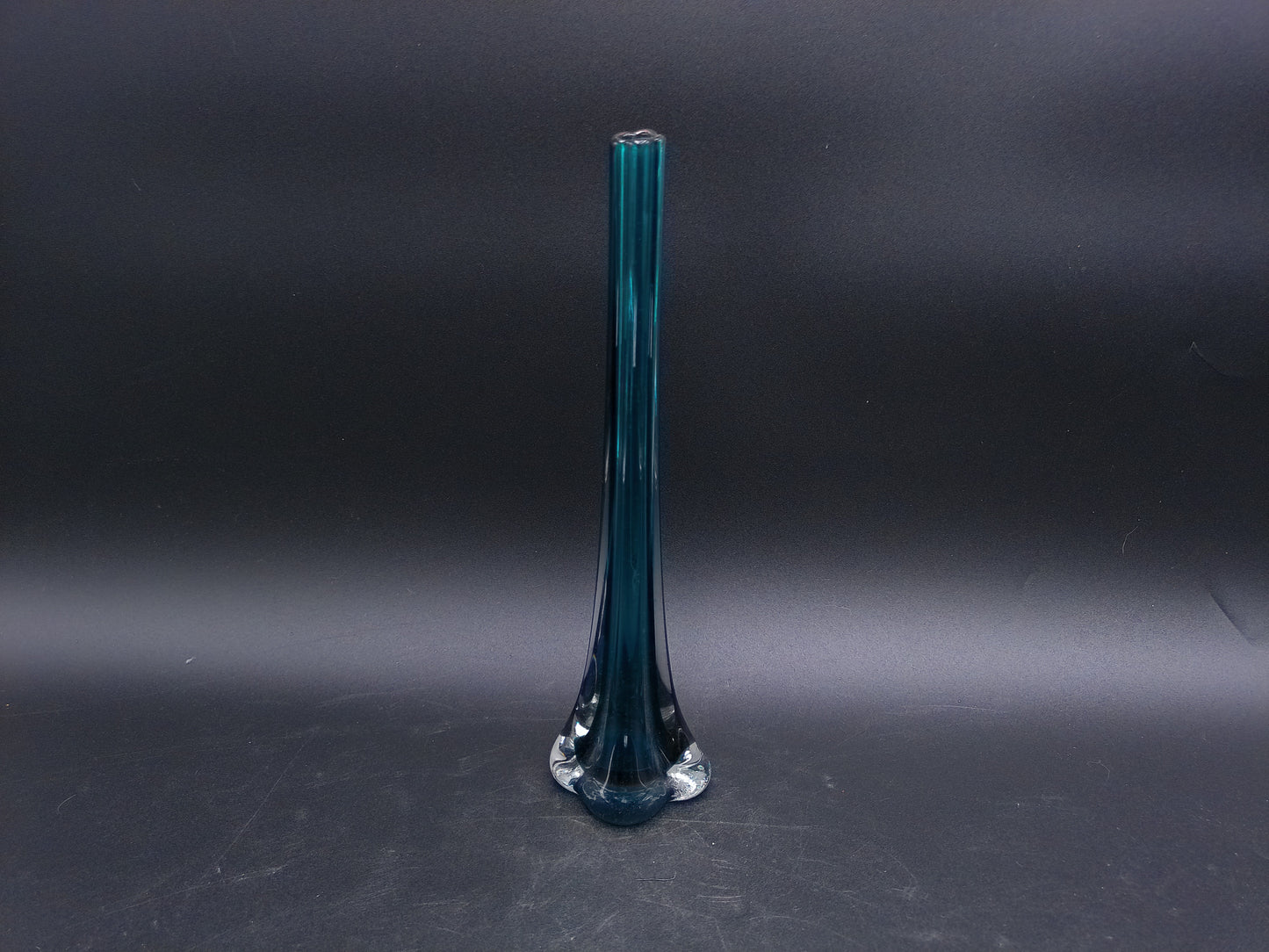 Vase 1970s art glass stem vase bud vase elephant footed vase teal glass stem bud vase