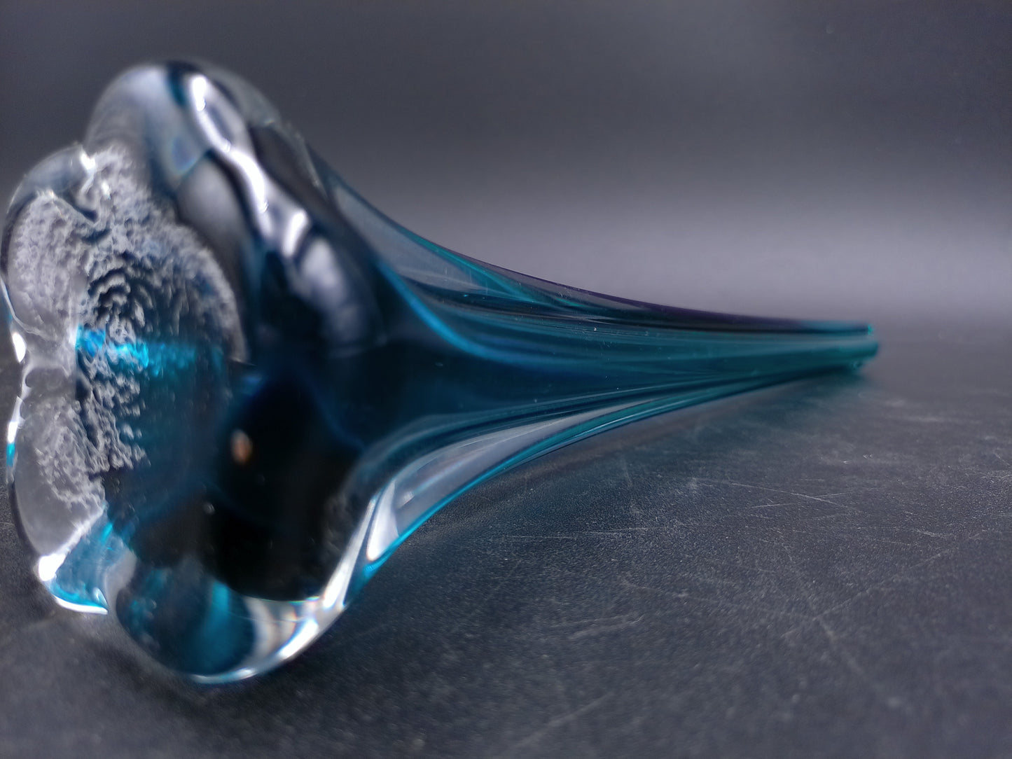 Vase 1970s art glass stem vase bud vase elephant footed vase teal glass stem bud vase