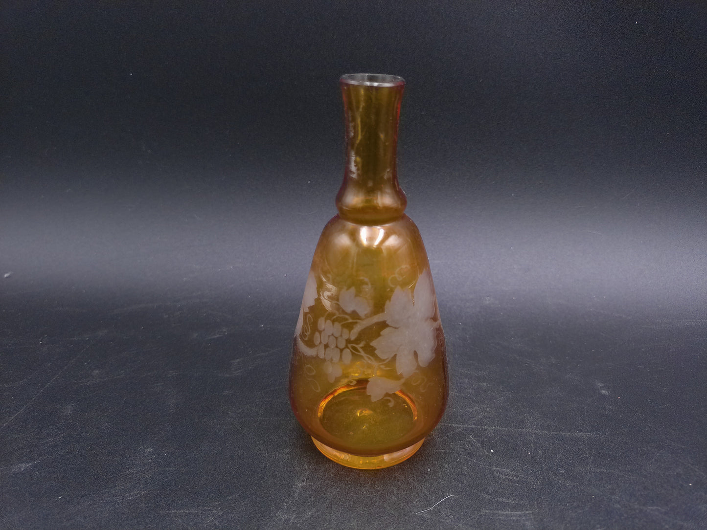 Vase Amber Etched Glass Bud Grapevine Design Vintage Decanter