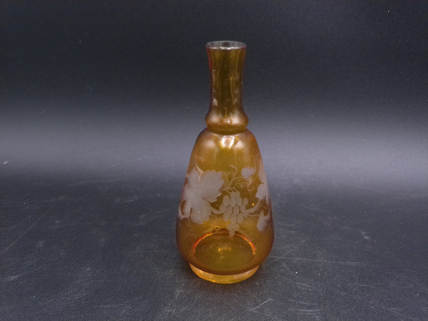 Vase Amber Etched Glass Bud Grapevine Design Vintage Decanter