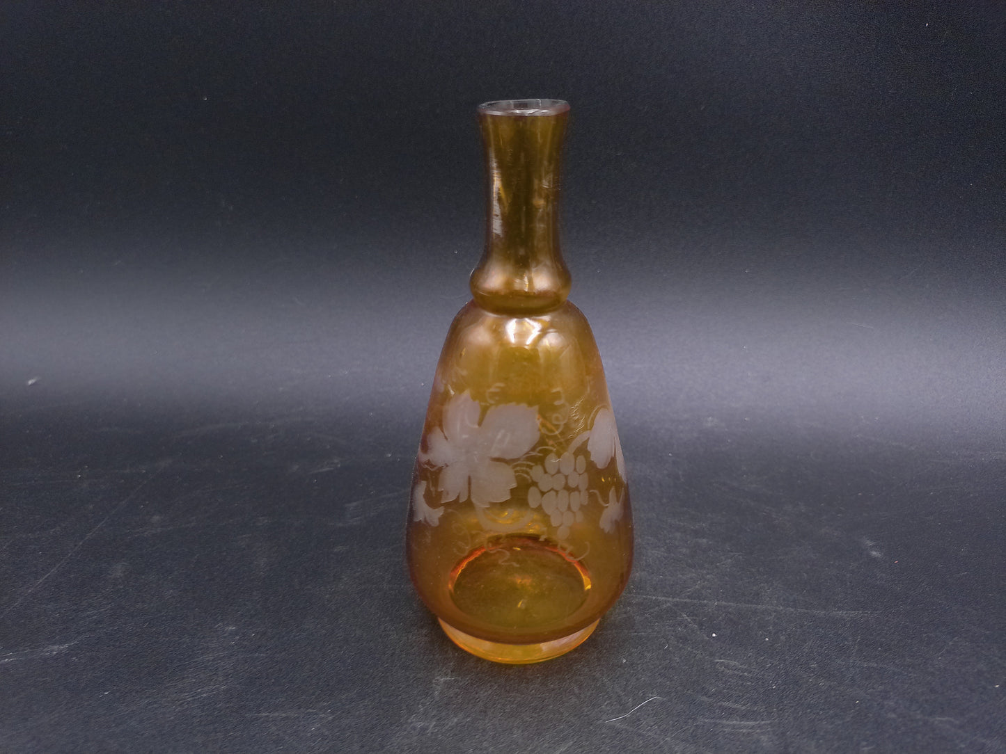 Vase Amber Etched Glass Bud Grapevine Design Vintage Decanter