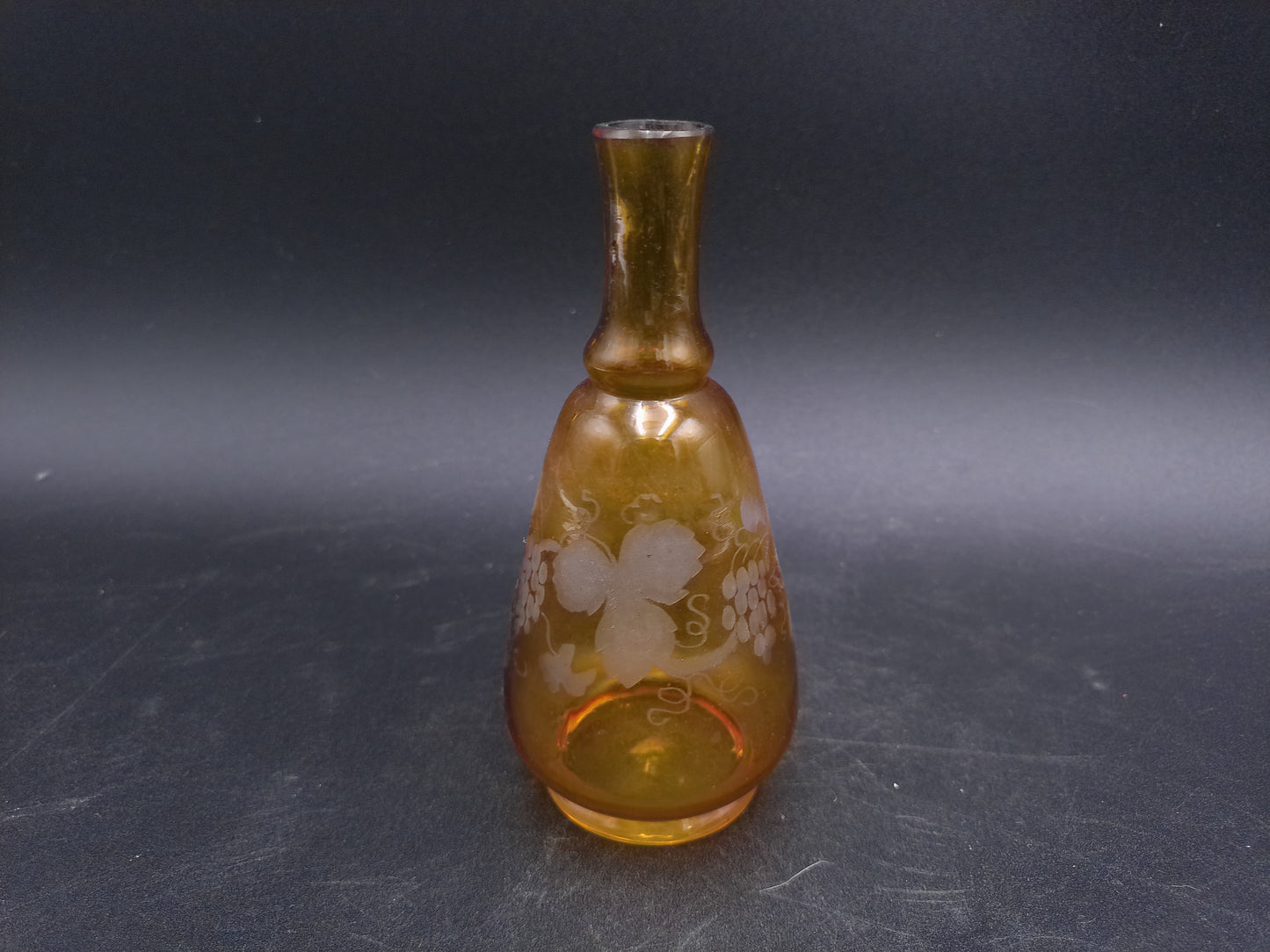 Vase Amber Etched Glass Bud Grapevine Design Vintage Decanter