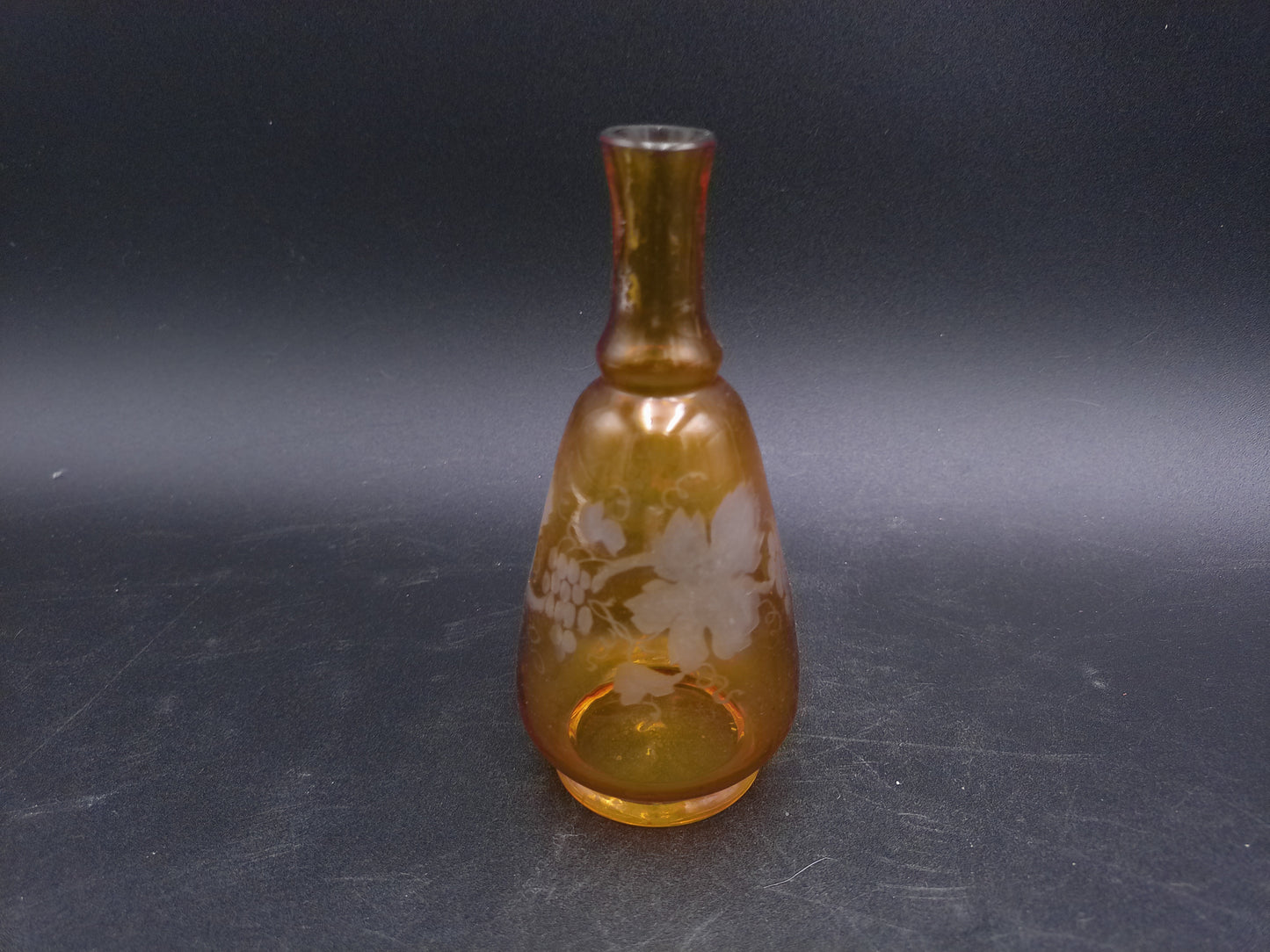 Vase Amber Etched Glass Bud Grapevine Design Vintage Decanter