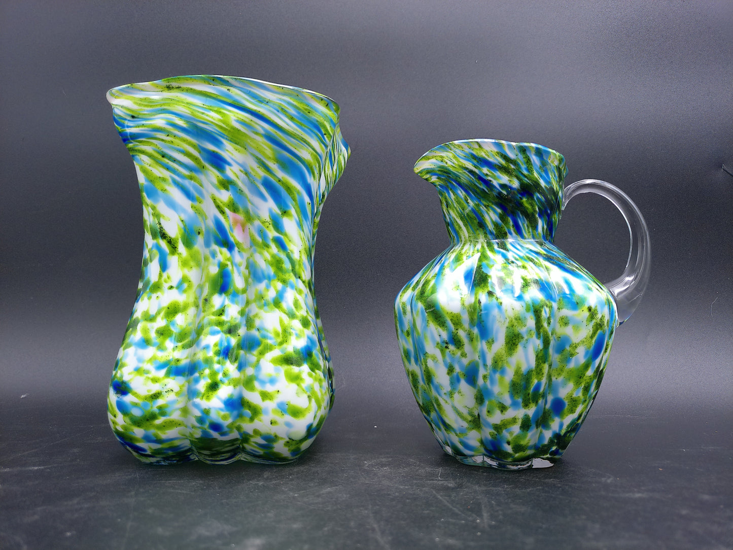 Art Glass Porcelain Green Large Pitcher 10” Blue Aventurine and Vase