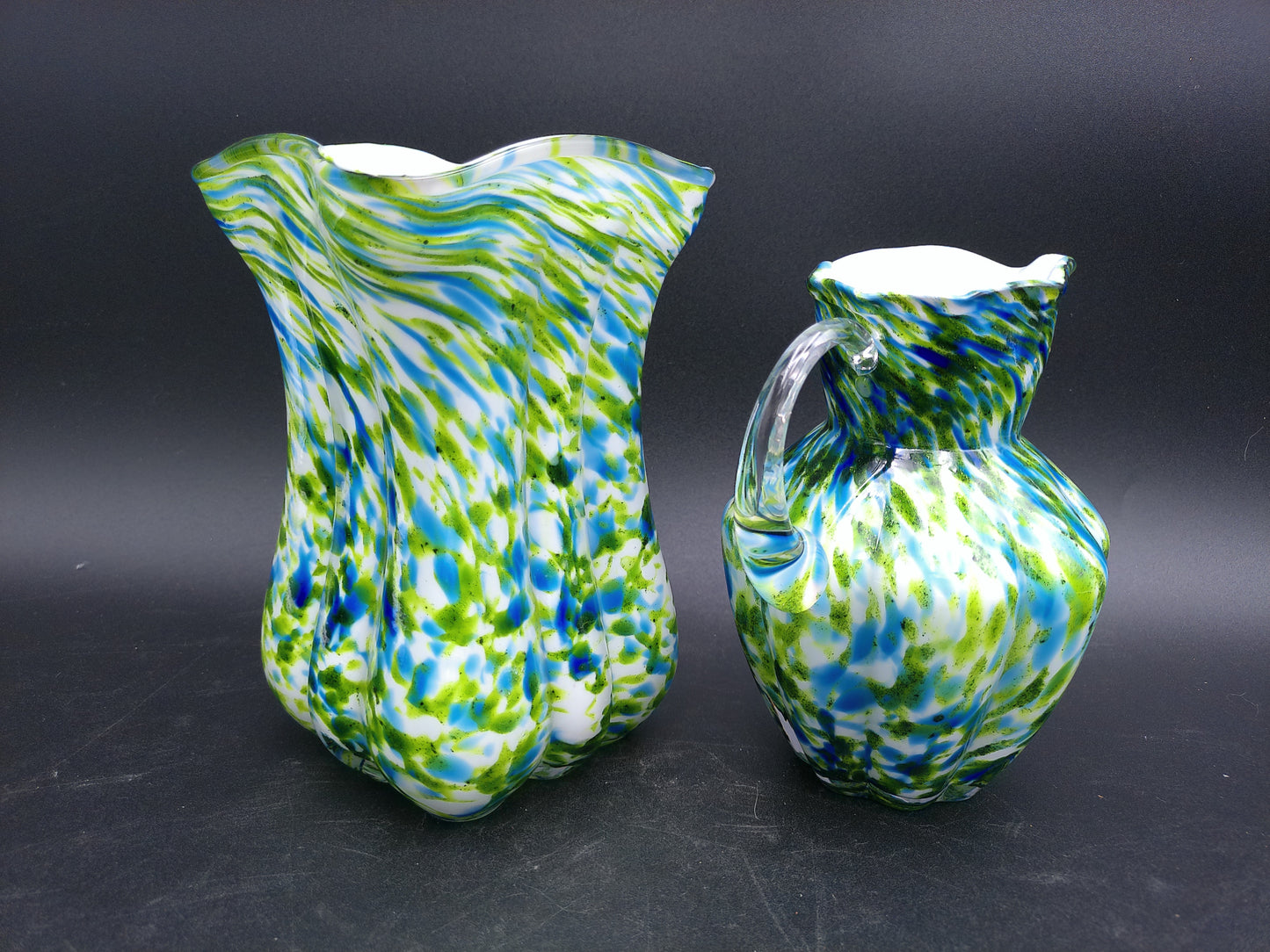 Art Glass Porcelain Green Large Pitcher 10” Blue Aventurine and Vase