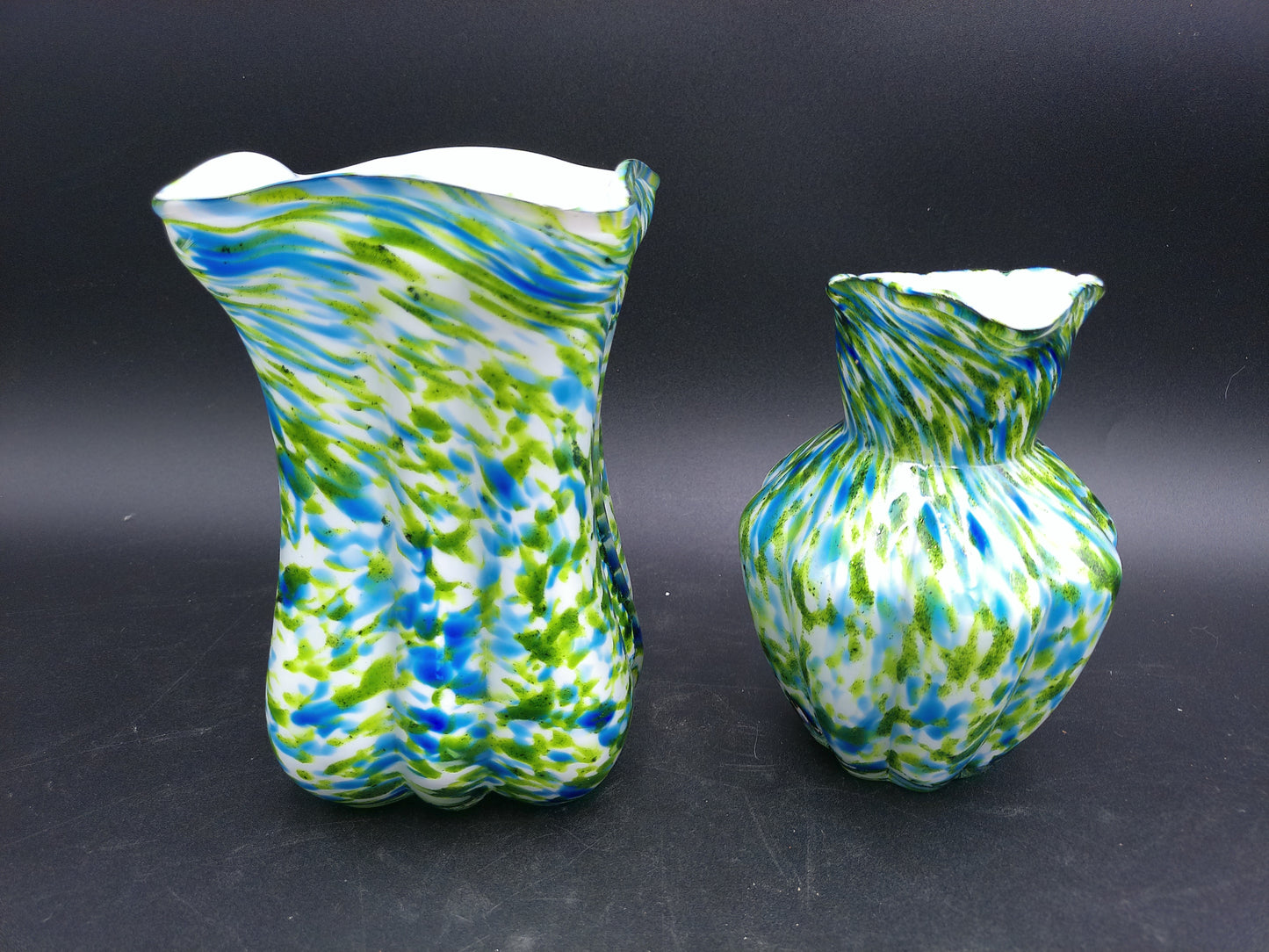 Art Glass Porcelain Green Large Pitcher 10” Blue Aventurine and Vase