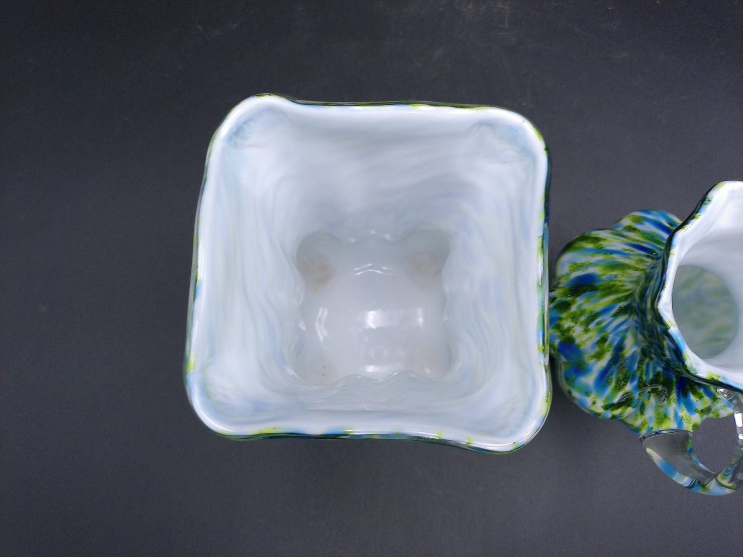 Art Glass Porcelain Green Large Pitcher 10” Blue Aventurine and Vase