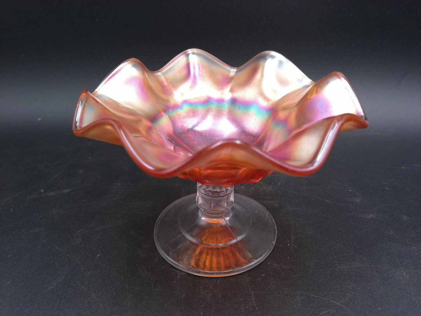 Art Glass Marigold Carnival Glass Compote Candy Dish Ruffle Clear Stem
