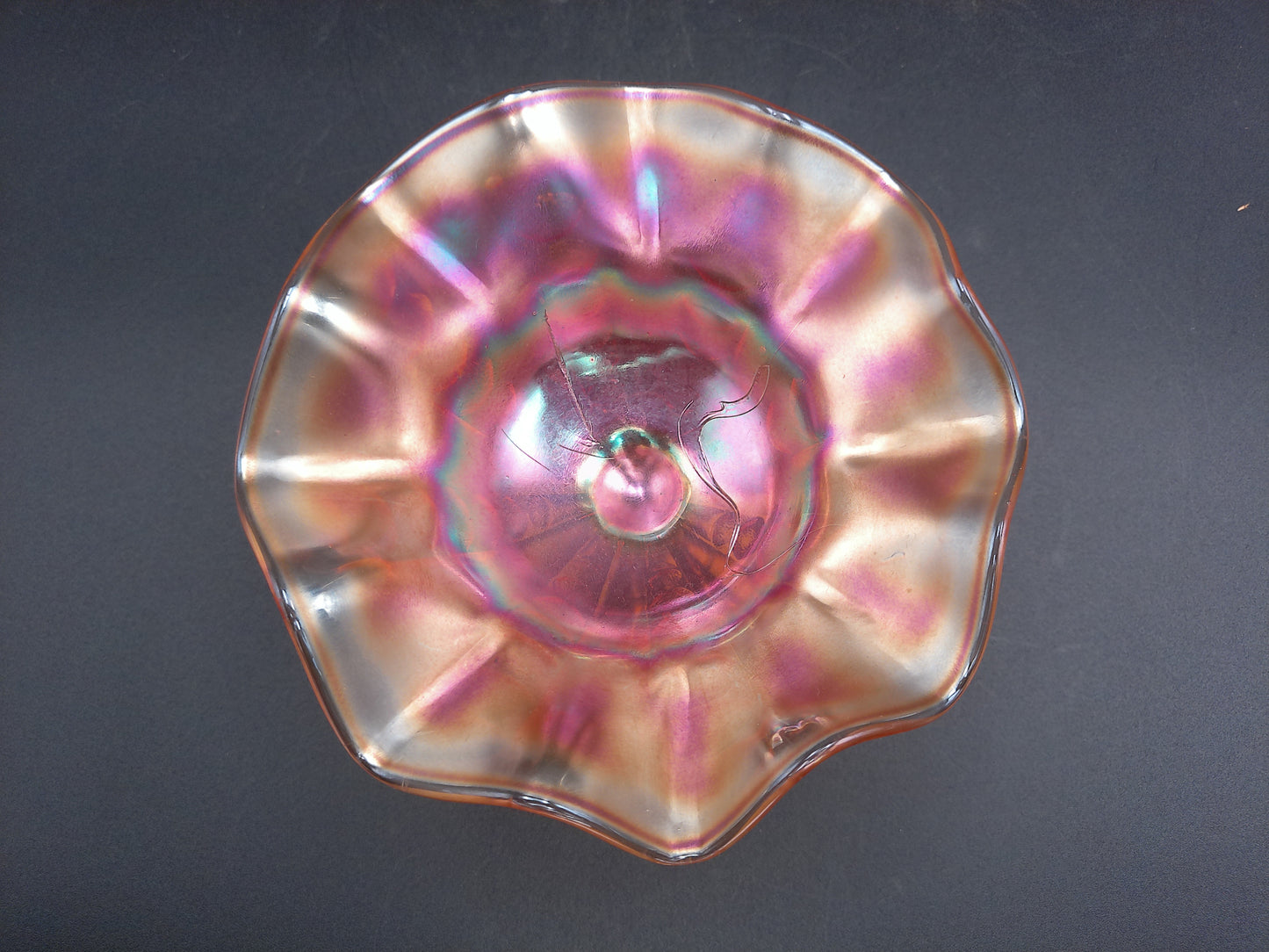 Art Glass Marigold Carnival Glass Compote Candy Dish Ruffle Clear Stem