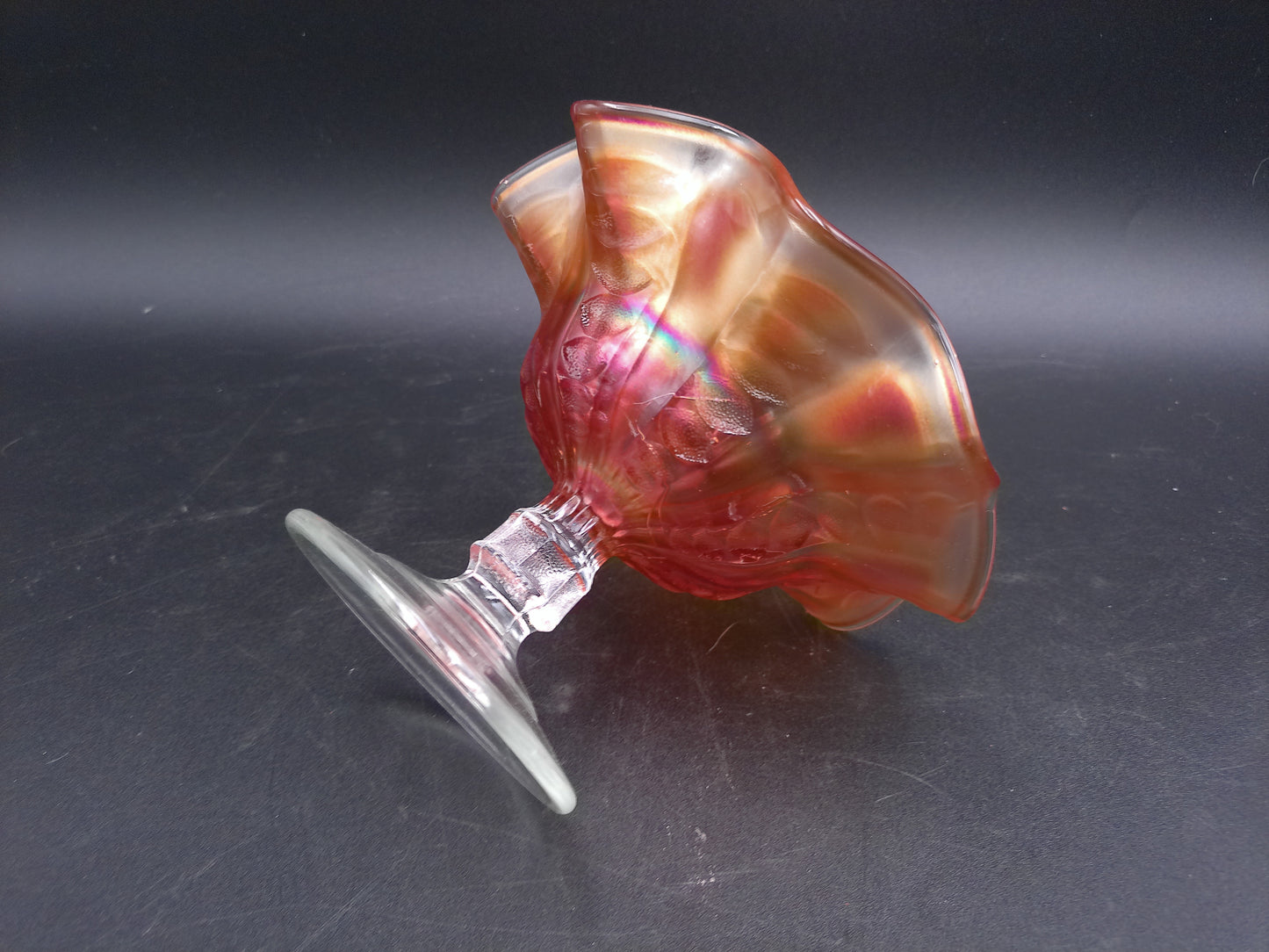 Art Glass Marigold Carnival Glass Compote Candy Dish Ruffle Clear Stem