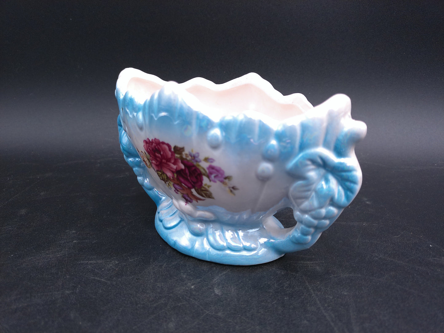 Vase Dual Handle Decorative Floral design baby blue color Vintage