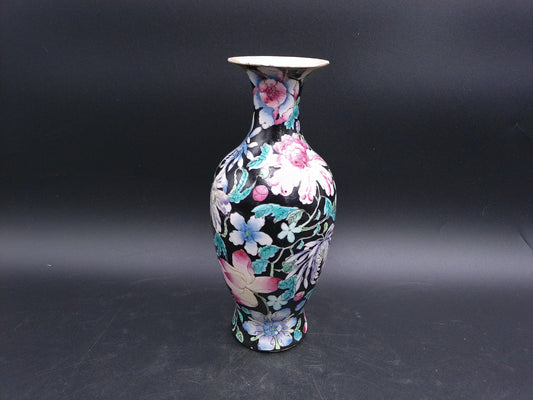 Chinese Poreclian High Black Vase with painted Flowers Vintage