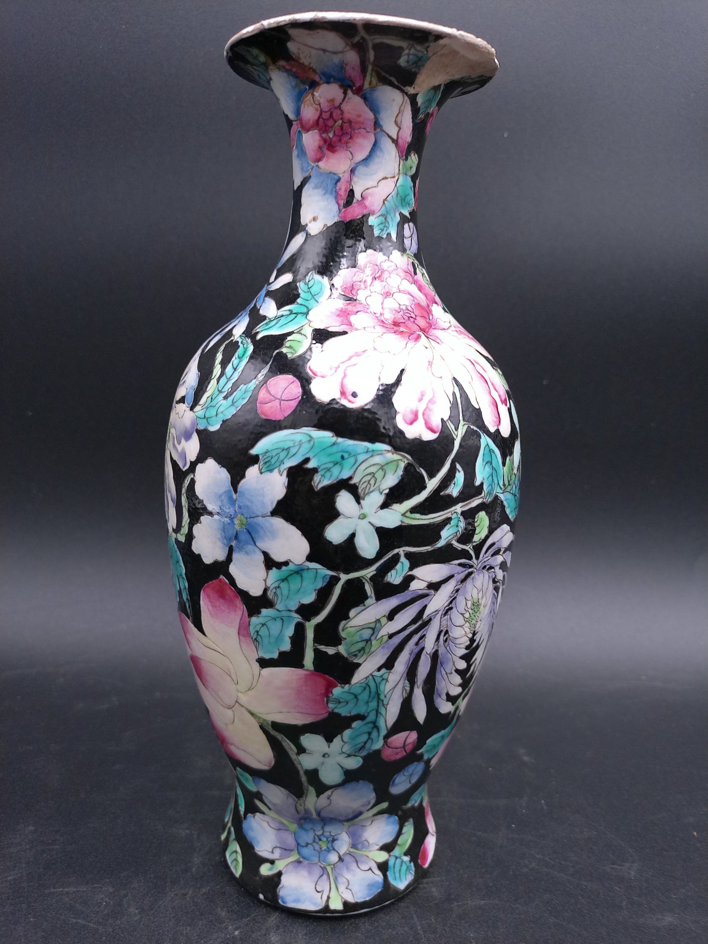 Chinese Poreclian High Black Vase with painted Flowers Vintage