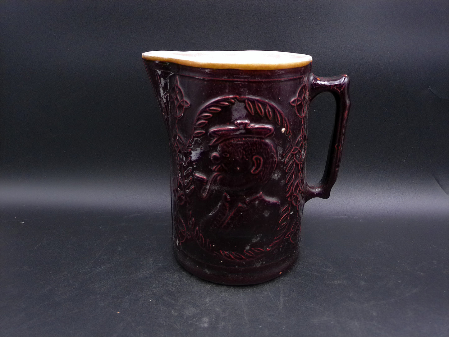 Burley Winter Pottery Man With Pipe Windmill Brown Stoneware Pitcher Antique 8.5"