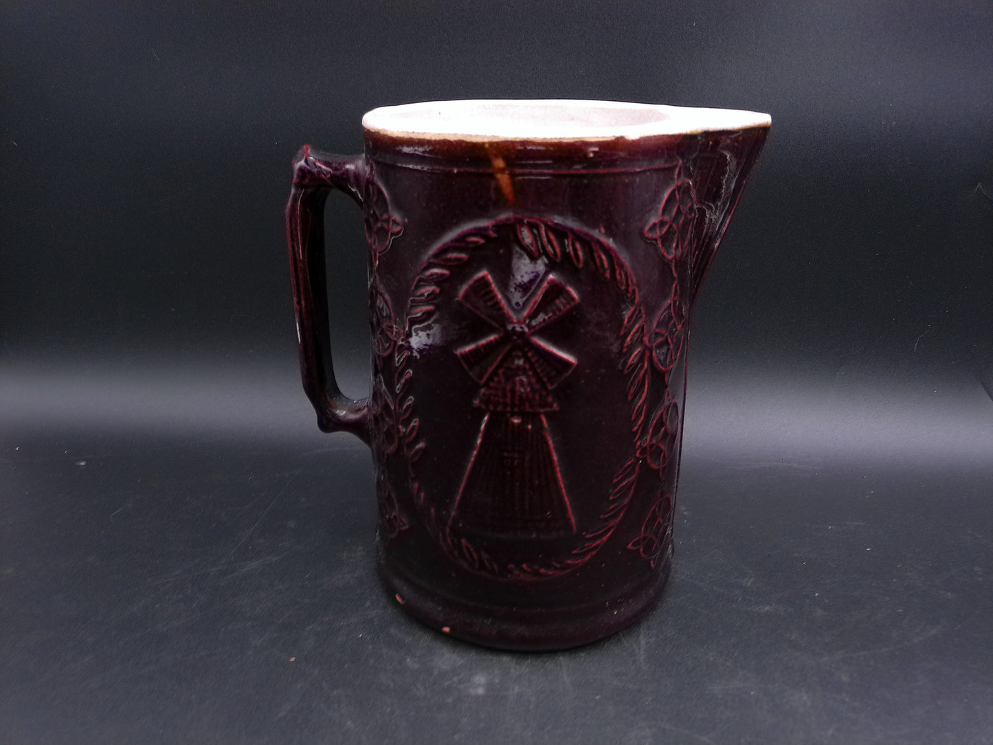 Burley Winter Pottery Man With Pipe Windmill Brown Stoneware Pitcher Antique 8.5"