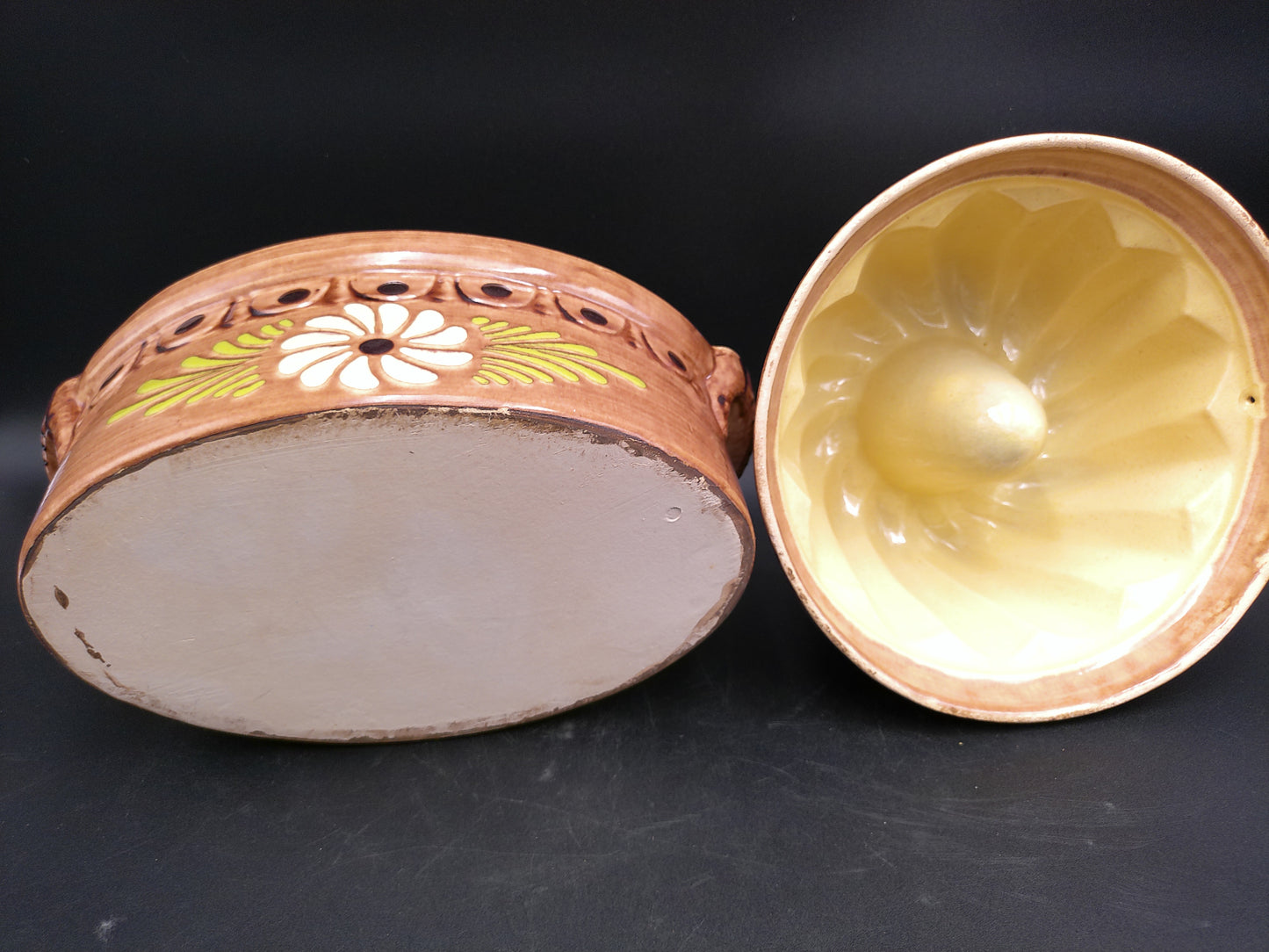 Pottery French Ceramic Round Baking Mold, Beige Brown Glazed Terracotta Cake Pan