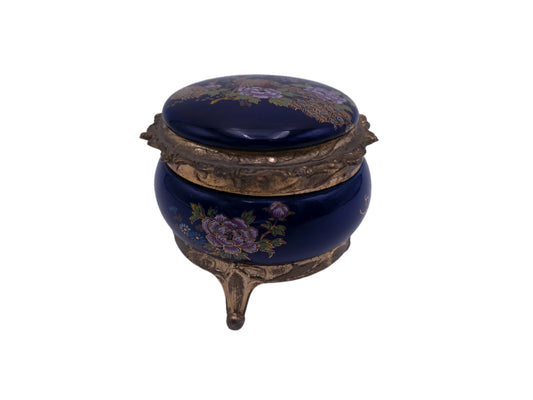 Peacock Music Box Trinket Royal Blue Porcelain & Gold Metal Stunning