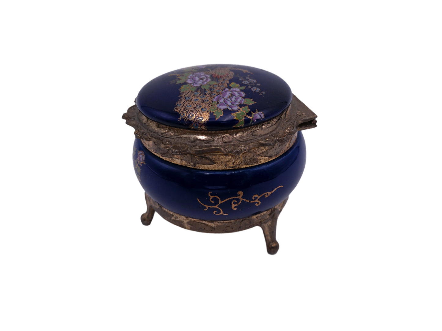 Peacock Music Box Trinket Royal Blue Porcelain & Gold Metal Stunning