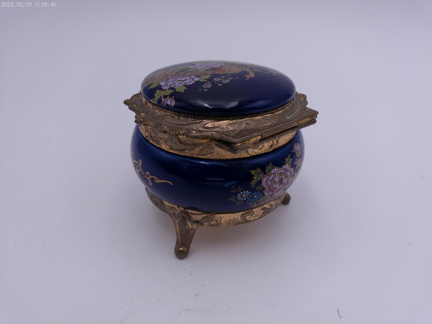 Peacock Music Box Trinket Royal Blue Porcelain & Gold Metal Stunning