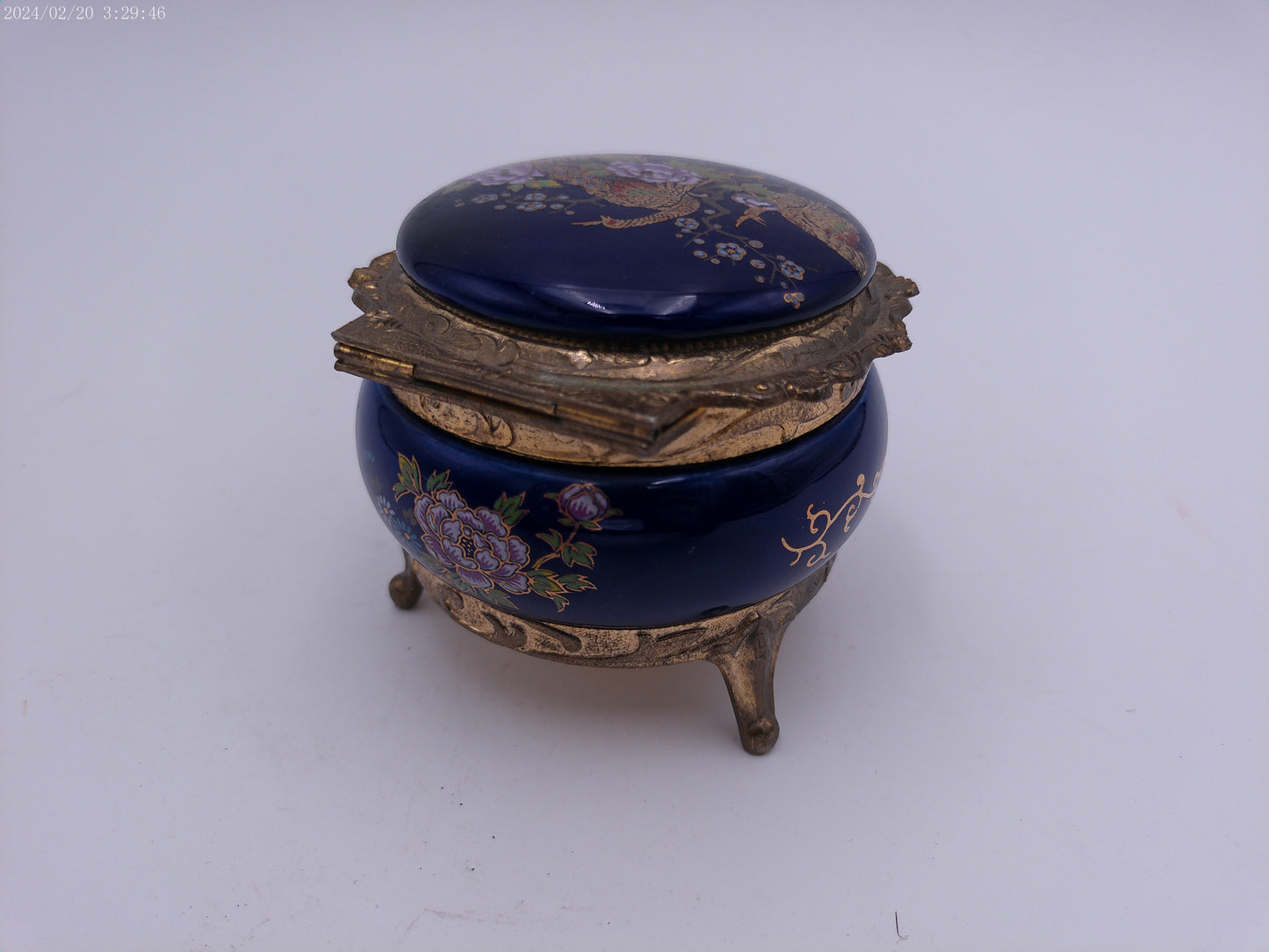 Peacock Music Box Trinket Royal Blue Porcelain & Gold Metal Stunning