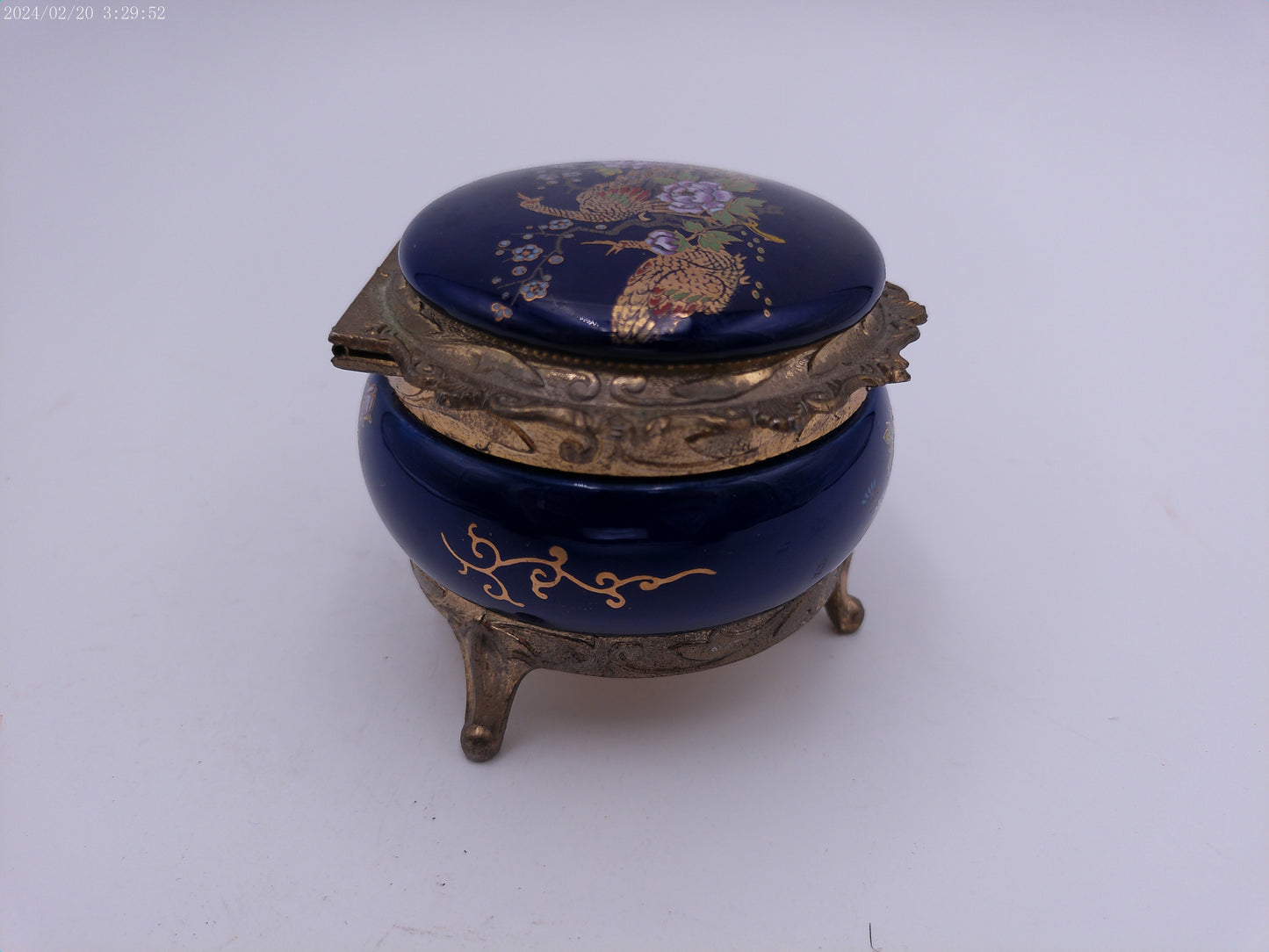 Peacock Music Box Trinket Royal Blue Porcelain & Gold Metal Stunning