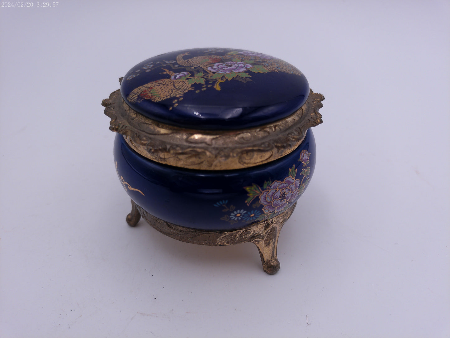Peacock Music Box Trinket Royal Blue Porcelain & Gold Metal Stunning