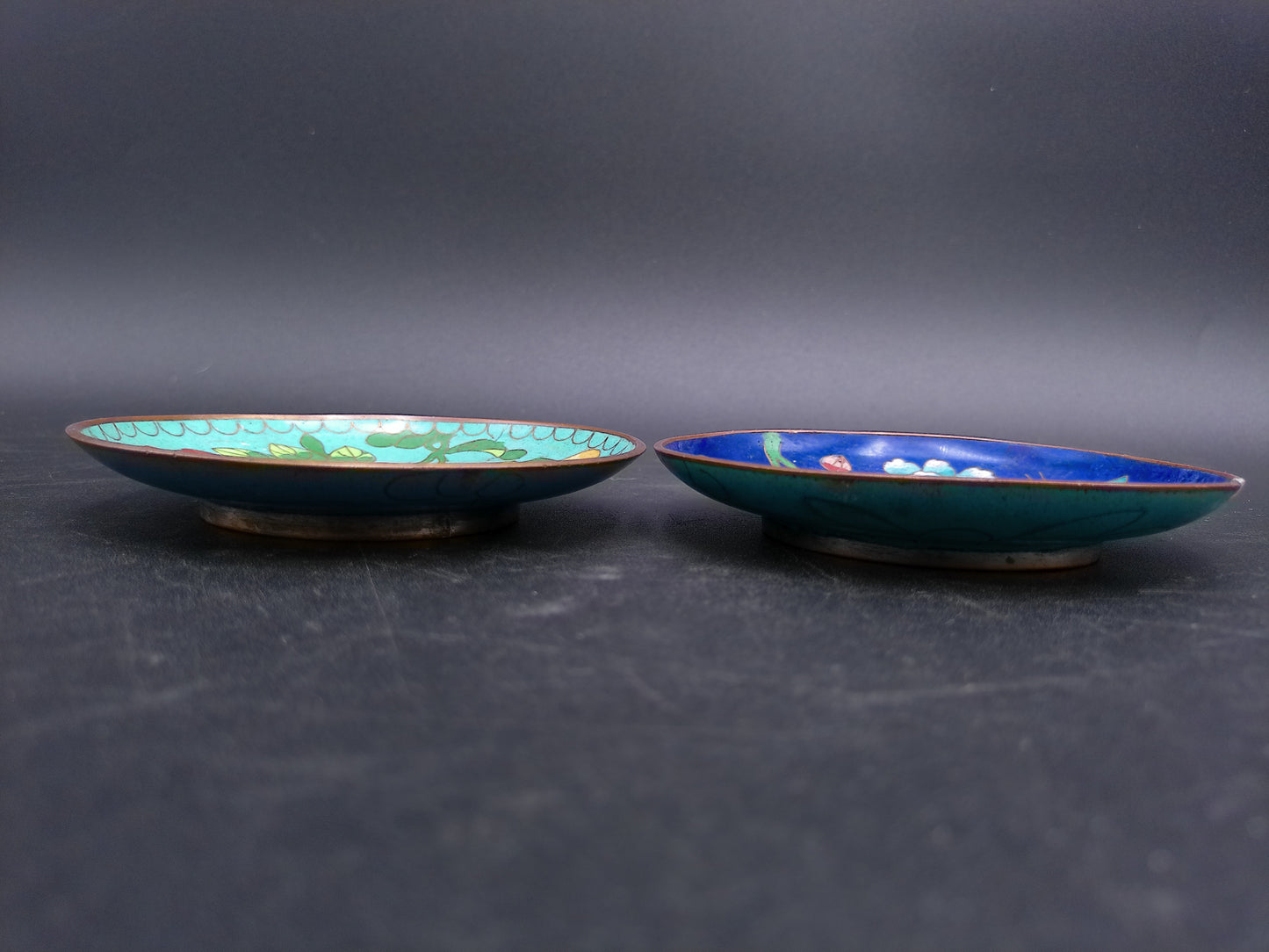 Cloisonné Trinket Dish Floral Design 2.75” Blue & Gold Enamel Lot of 2 miniature Plate