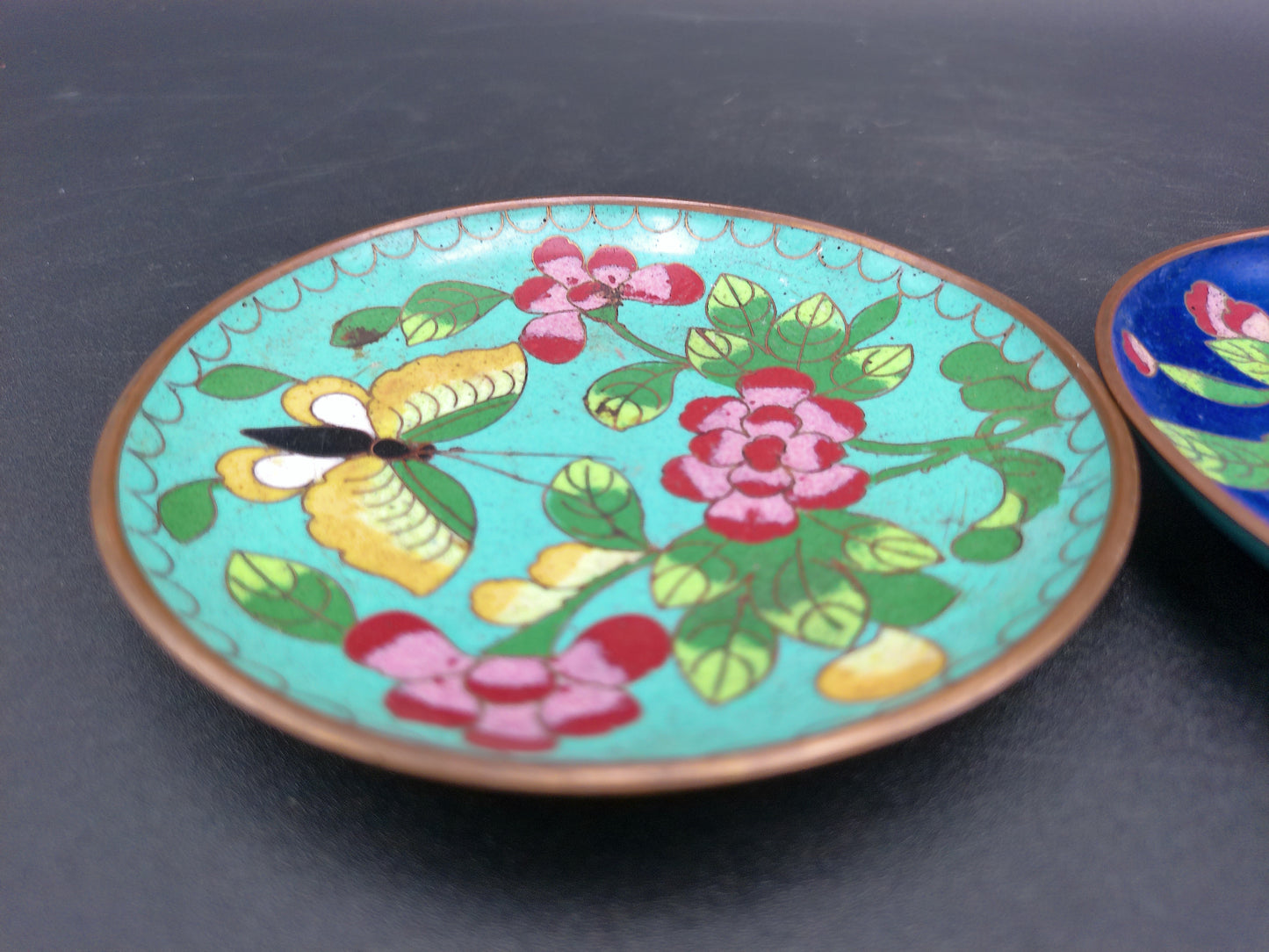 Cloisonné Trinket Dish Floral Design 2.75” Blue & Gold Enamel Lot of 2 miniature Plate