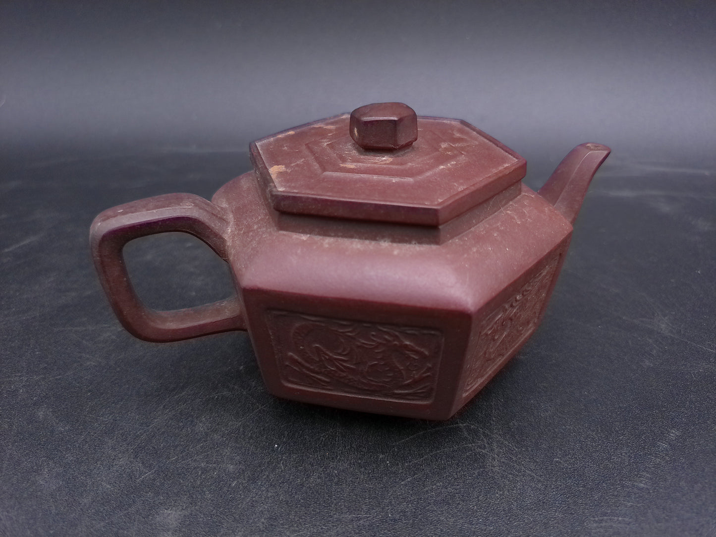 Chinese Teapot Vintage with Design maybe Dragon on sides Clay Brown Rustic Color