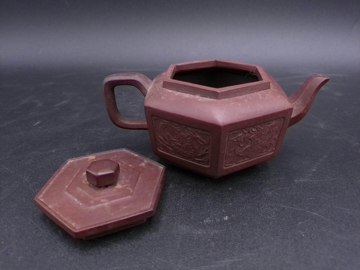 Chinese Teapot Vintage with Design maybe Dragon on sides Clay Brown Rustic Color