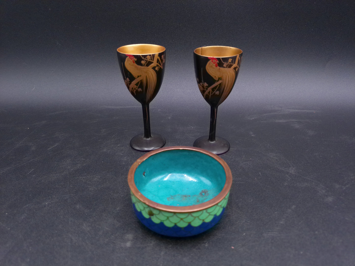 Japanese Gold Leaf Onagadori Rooster Black Lacquer Ware Stemware Golden (24 Kt gilded)