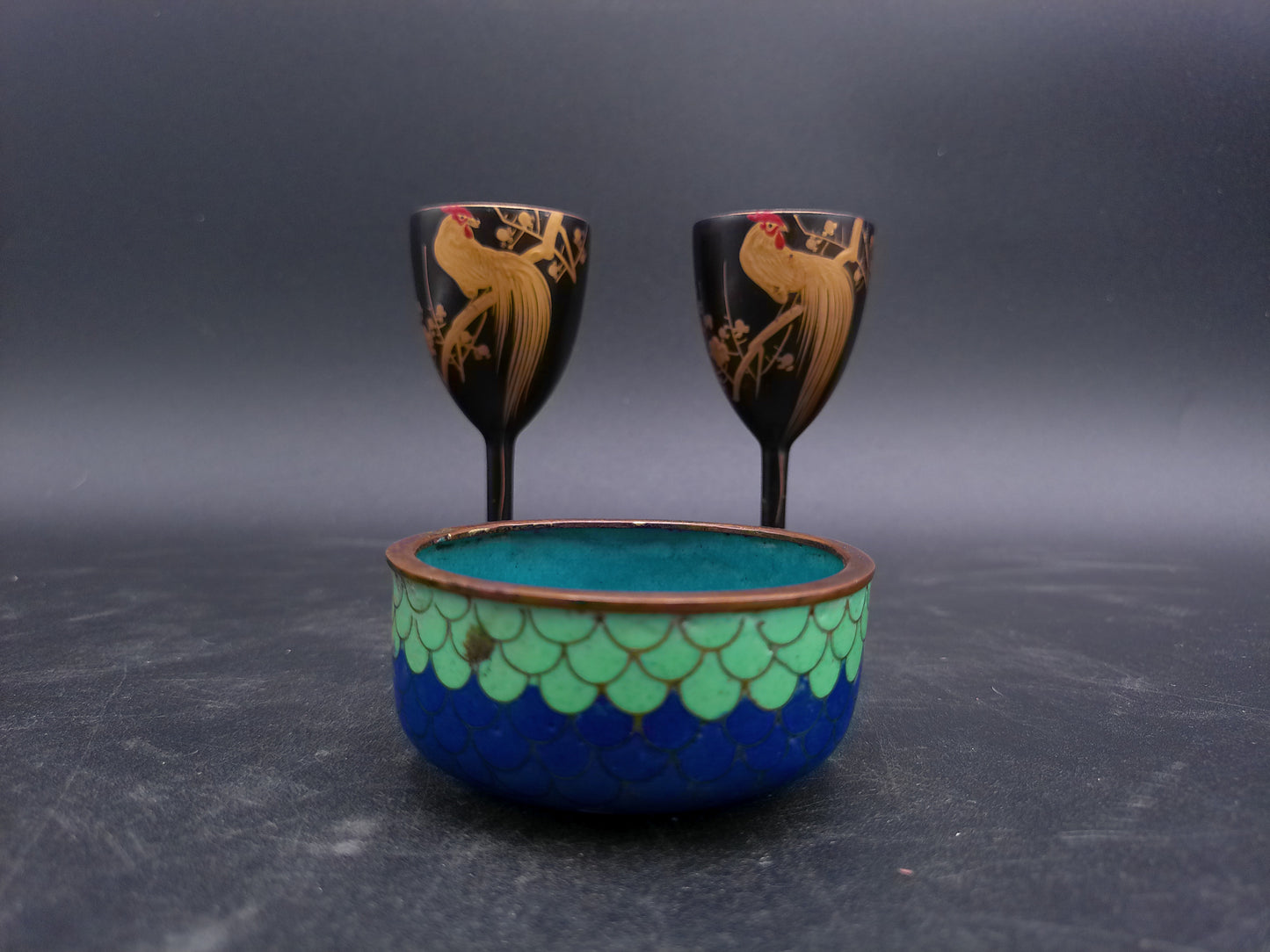 Japanese Gold Leaf Onagadori Rooster Black Lacquer Ware Stemware Golden (24 Kt gilded)