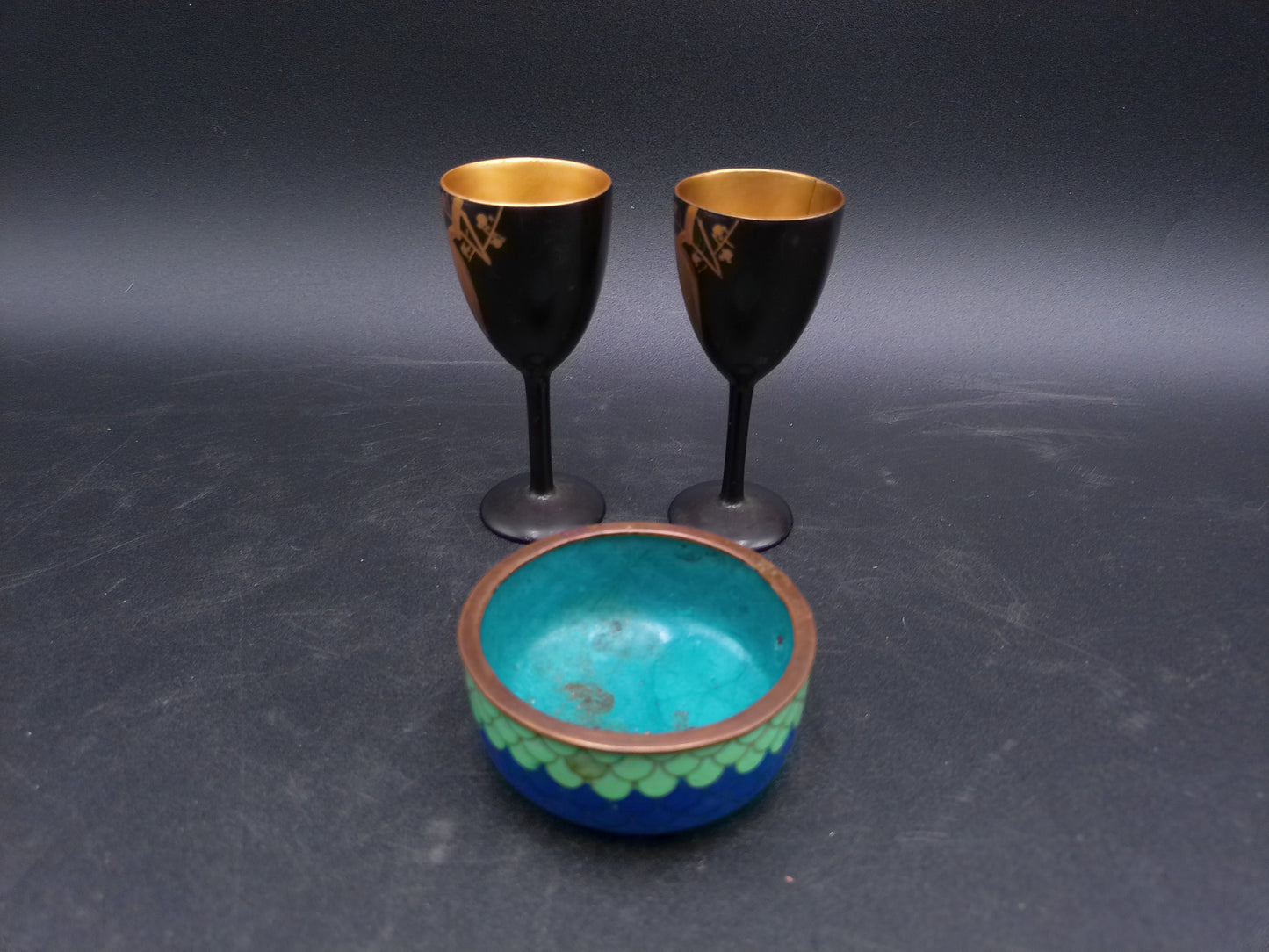 Japanese Gold Leaf Onagadori Rooster Black Lacquer Ware Stemware Golden (24 Kt gilded)