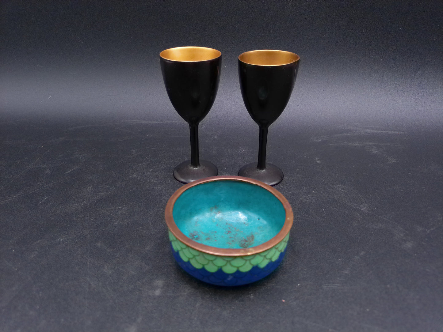 Japanese Gold Leaf Onagadori Rooster Black Lacquer Ware Stemware Golden (24 Kt gilded)