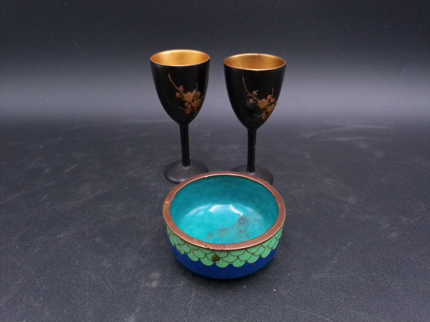 Japanese Gold Leaf Onagadori Rooster Black Lacquer Ware Stemware Golden (24 Kt gilded)