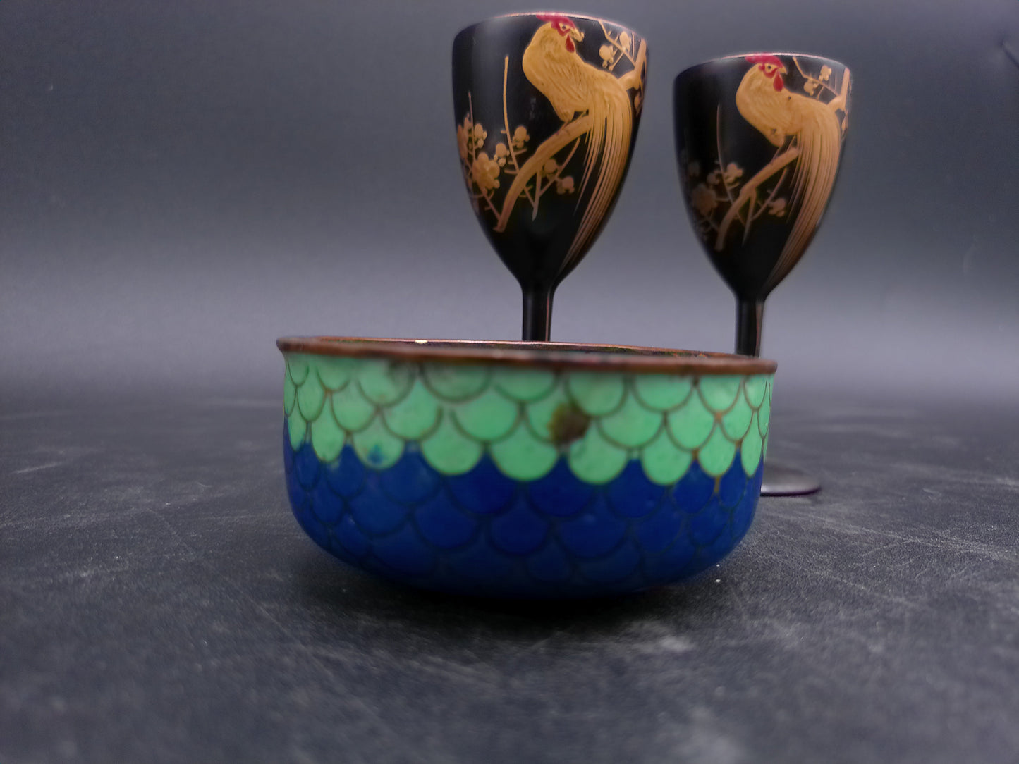Japanese Gold Leaf Onagadori Rooster Black Lacquer Ware Stemware Golden (24 Kt gilded)