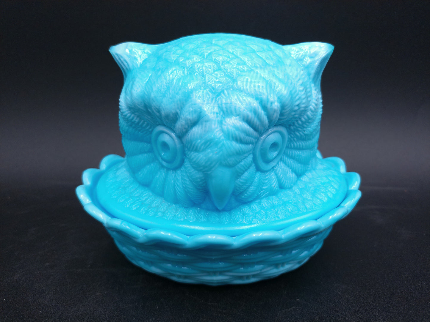 Blue Milk Glass Owl Collection Wright Challinor Taylor and Co and Tiffany Case HeartShaped